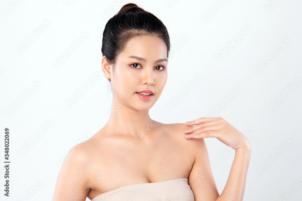 Beautiful Young Asian Woman with Clean Fresh Skin. Face care, Facial treatment, Cosmetology, beauty and healthy skin and cosmetic concept, woman beauty skin isolated on white background Beautiful Young Asian Woman with Clean Fresh Skin. Face care, Facial treatment, Cosmetology, beauty and healthy skin and cosmetic concept, woman beauty skin isolated on white background