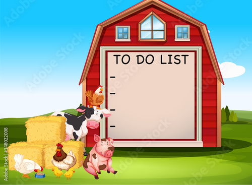 Farm scene with to do list sign on the barn
