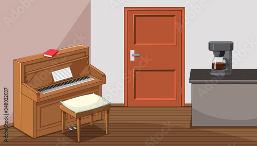 Piano and coffee machine in living room in cartoon style