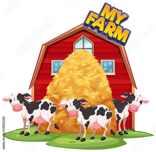 Font design for word my farm with cows at the barn