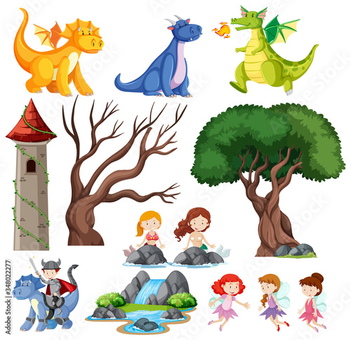 Set of children is fairy tale castle and dragon
