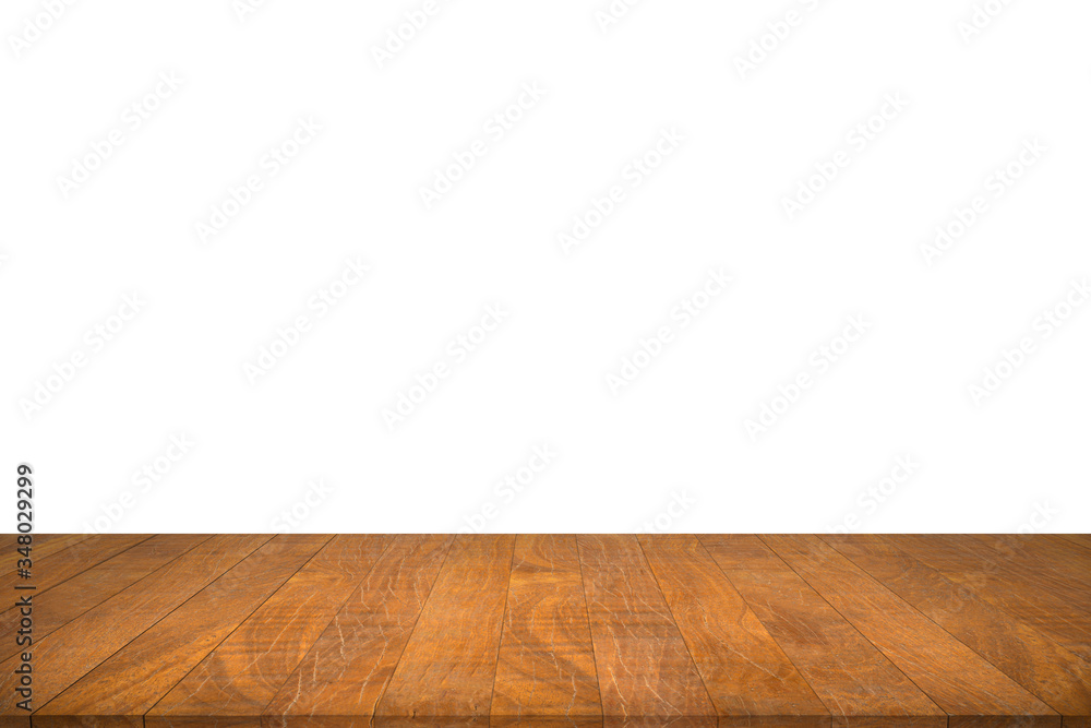 Wood table top on white background. Used for product placement or montage. Wood table top on white background. Used for product placement or montage.