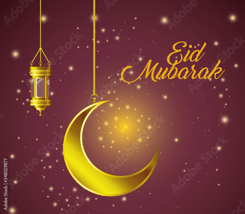 Eid mubarak gold moon and lantern and stars vector design