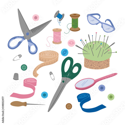 The concept of sewing. Sewing tools. Needles, scissors, thread, awl, buttons, coils, magnifying glass, needle holder, tape, etc. Vector set of isolated hand drawn sketches. Cartoon style, flat design.