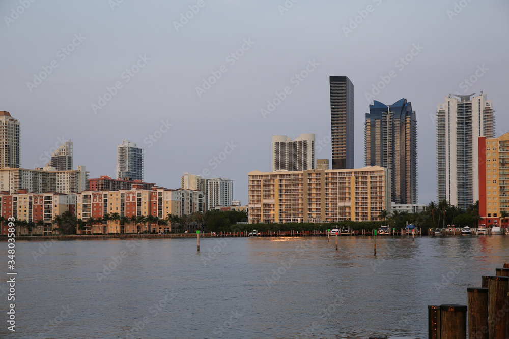 miami beach skyline with waterfront at sunset. Travel concept.