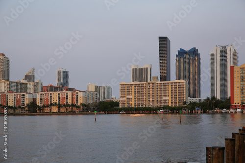 miami beach skyline with waterfront at sunset. Travel concept.