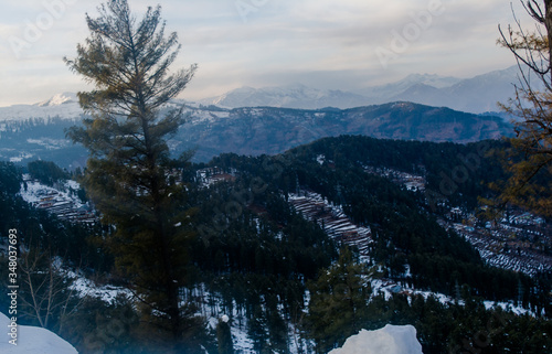 himalayan mountain range covered with the snow at patnitop a city of Jammu, Winter landscape 
