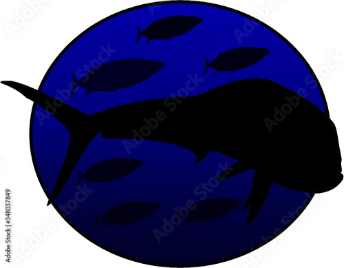 mahi mahi and tuna school silhouette and blue circle