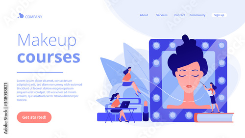 Students listening to teacher on training courses in professional makeup skills. Makeup courses, make up school, cosmetics masterclass concept. Website vibrant violet landing web page template.