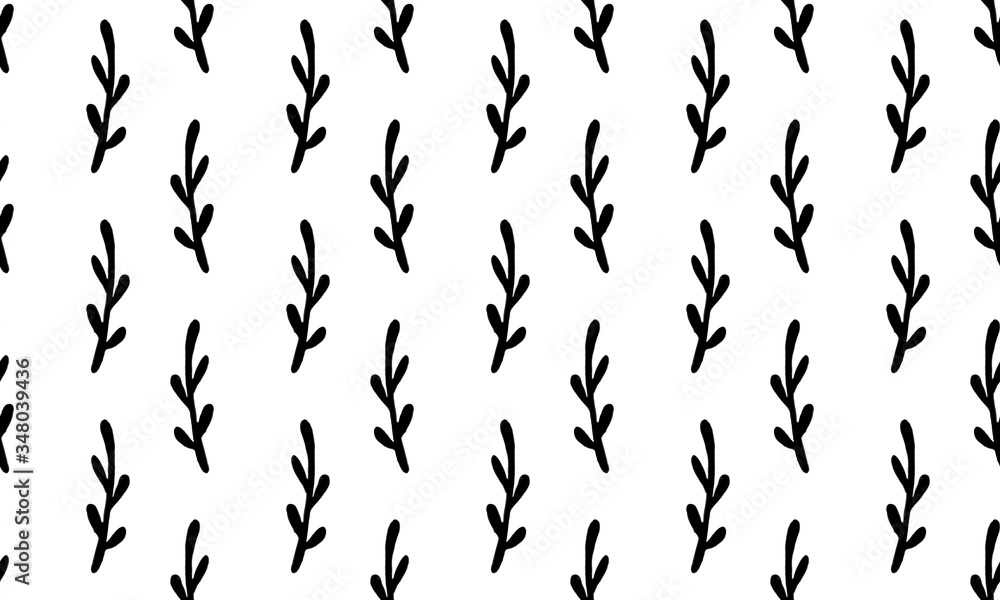 Seamless pattern with hand drawn plant branches. Fabric or textile print template. Floral design element. Spring and summer symbol. Contour otline drawing of simple black twig Seamless pattern with hand drawn plant branches. Fabric or textile print template. Floral design element. Spring and summer symbol. Contour otline drawing of simple black twig