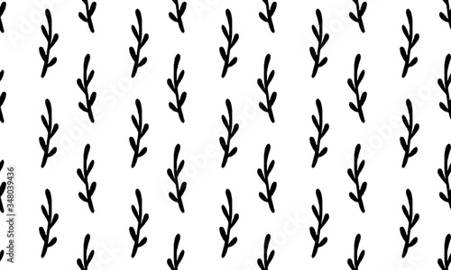 Seamless pattern with hand drawn plant branches. Fabric or textile print template. Floral design element. Spring and summer symbol. Contour otline drawing of simple black twig