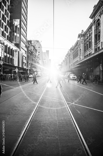 Sunrise at flinders street black and white 