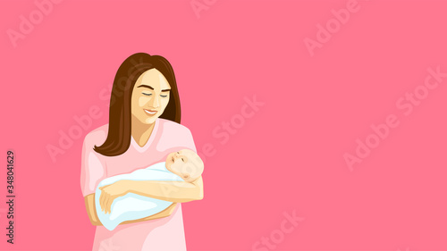 Detailed flat vector illustration of a mother holding a swaddled baby in her arms. Mother's Day. Feel free to use only parts of the illustration too.