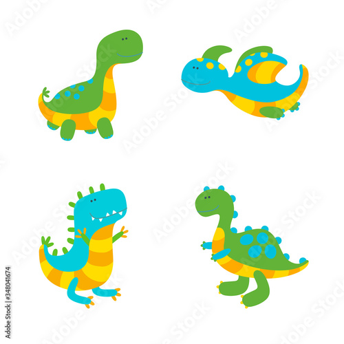 Set of four colorful dinosaurs on white background. Vector illustration in cute flat style