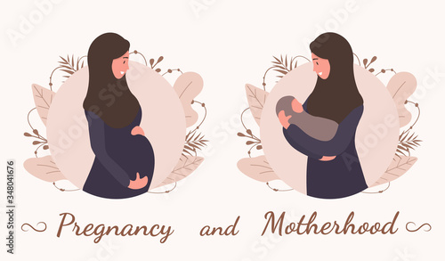 Pregnancy and motherhood. Muslim woman in abaya and hijab. Modern flat style vector illustration isolated on soft background.