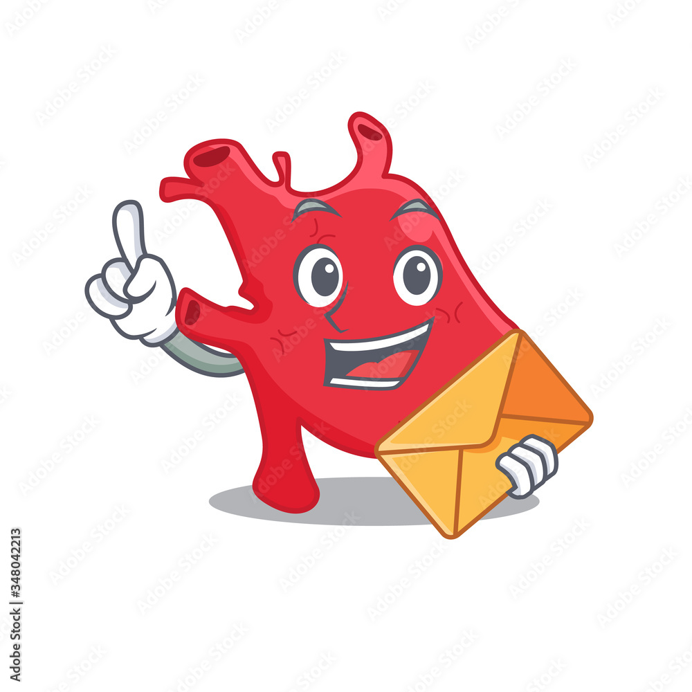 Happy heart mascot design concept with brown envelope Happy heart mascot design concept with brown envelope