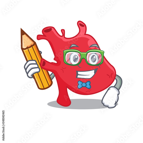 A brainy student heart cartoon character with pencil and glasses