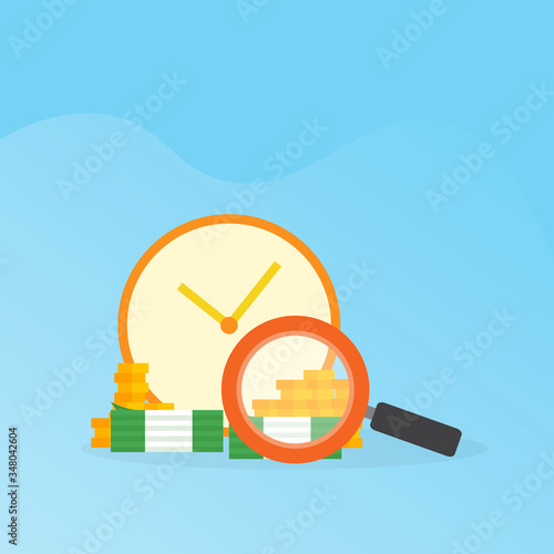 money banknote magnifying glass and clock investment concept