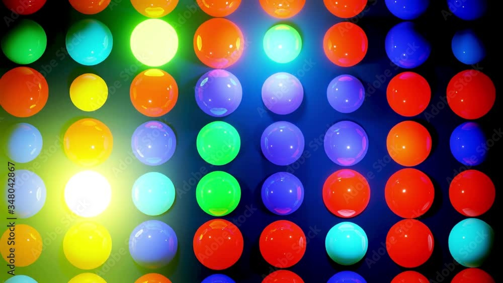 Abstract composition of colorful balls in plane, which randomly light up and reflect in each other. Multicolored spheres like leds as simple geometric dark background with light effects. Abstract composition of colorful balls in plane, which randomly light up and reflect in each other. Multicolored spheres like leds as simple geometric dark background with light effects.