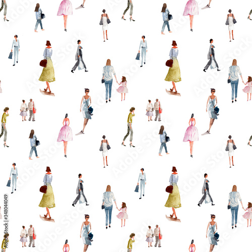 Seamless pattern, watercolor illustration of people in different lifestyles on white background.