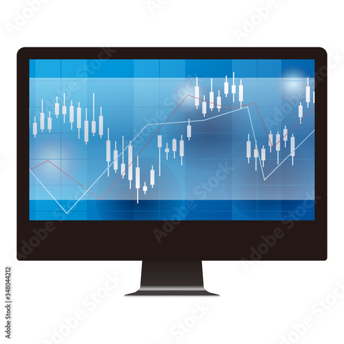 デスクトップパソコンの画面に映る金融マーケットのチャート　イメージイラスト