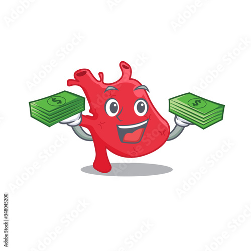 A wealthy heart cartoon character having money on hands