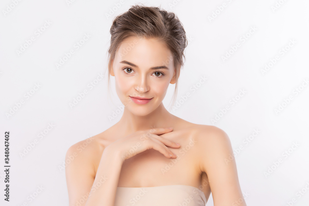 Beautiful Young Woman with Clean Fresh Healthy Skin, Facial treatment. Cosmetology, beauty and spa, isolated on white background Beautiful Young Woman with Clean Fresh Healthy Skin, Facial treatment. Cosmetology, beauty and spa, isolated on white background