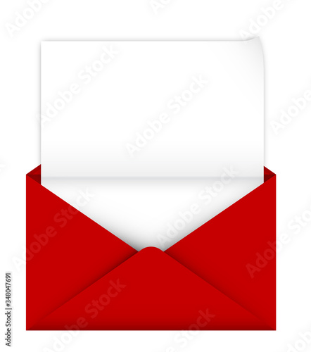 realistic open red envelope with a sheet of paper inside. Detailed congratulatory template. Postal items. Isolated vector on white background