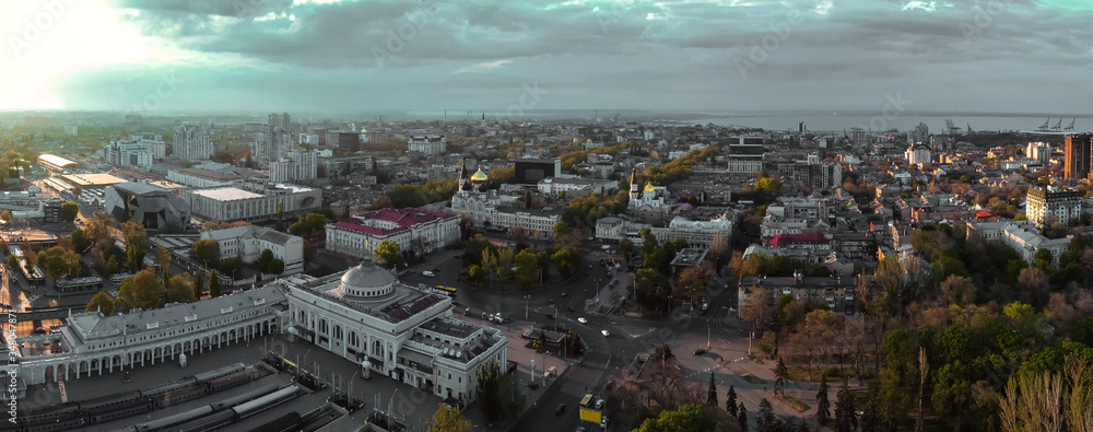air panorama of Main Train station of Odessa Ukraine and city landscape