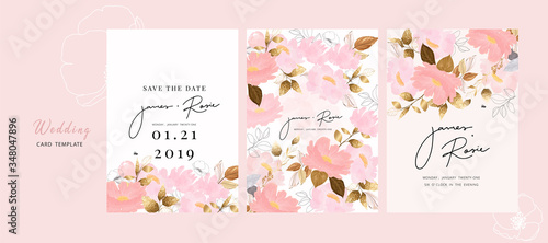 Pink Luxury Wedding Invitation, floral invite thank you, rsvp modern card Design in gold flower with  leaf greenery  branches decorative Vector elegant rustic template
