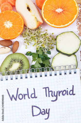 Notepad with inscription World Thyroid Day and best food containing vitamins for healthy thyroid