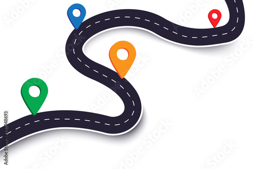 Vector winding road, map for journey. Street design infographics. Part of the road with geographical marks. Stock Photo.