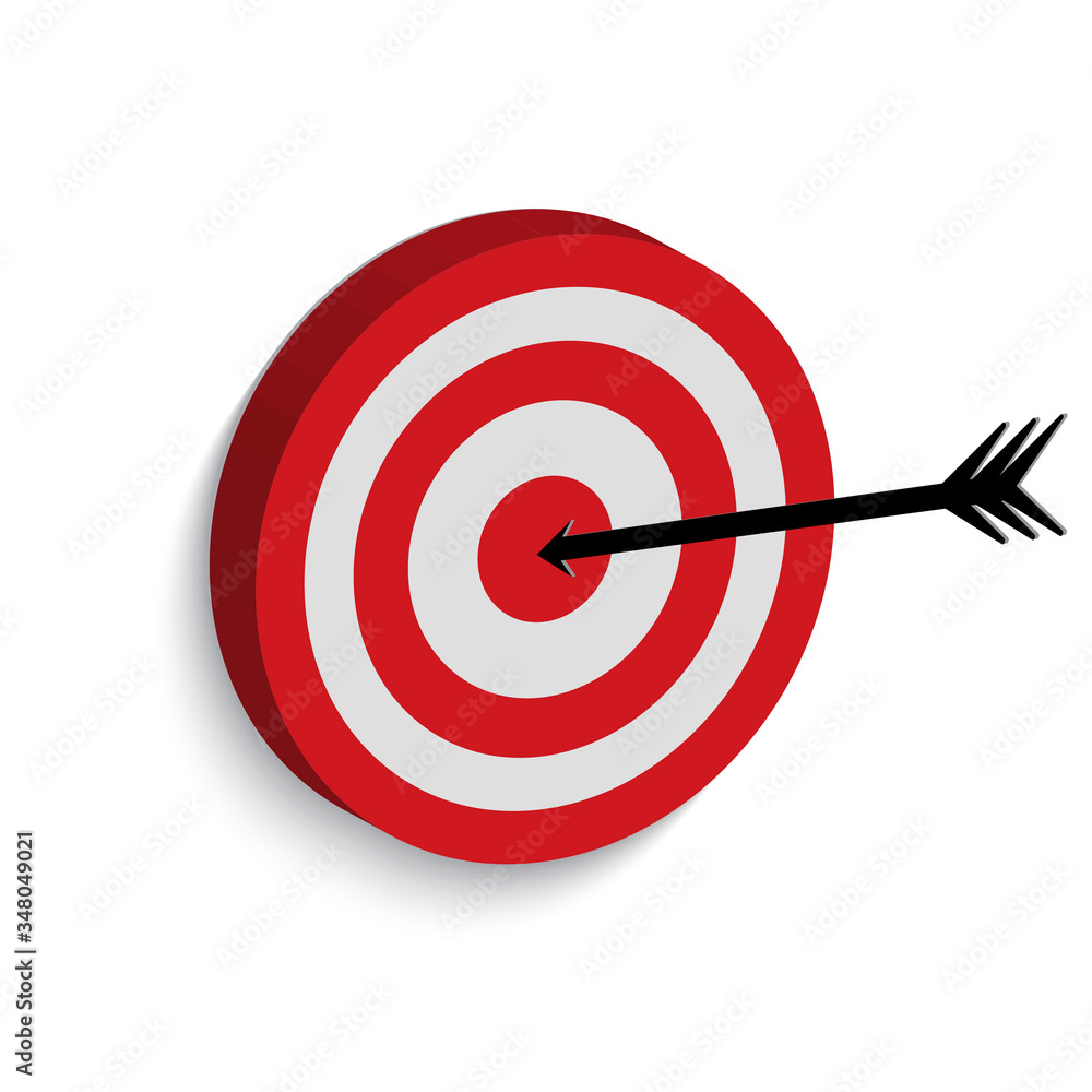 Arrow target. Dart board icon with an arrow in the middle. Image illustrating determination, good luck, success, good result. Vector illustration. Stock Photo.