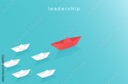 Leadership design concept in business with paper boat symbol. origami boat sailing in blue ocean. Visionary leading team. Paper art style vector illustration