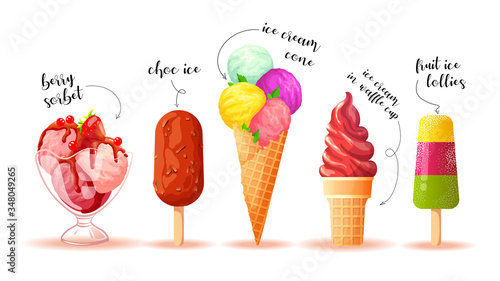 Set of various ice cream on the white background. Ice cream parlor or shop, Sweet products, Dessert concept. Vector illustration for poster, banner, advertisement, commercial, menu.