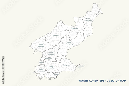 north korea map. north korea provinces named vector map. detailed korean peninsula.