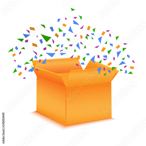 Open orange box with a gift. Surprise icon in the form of a box with candy on a white background. Vector illustration. Stock Photo.