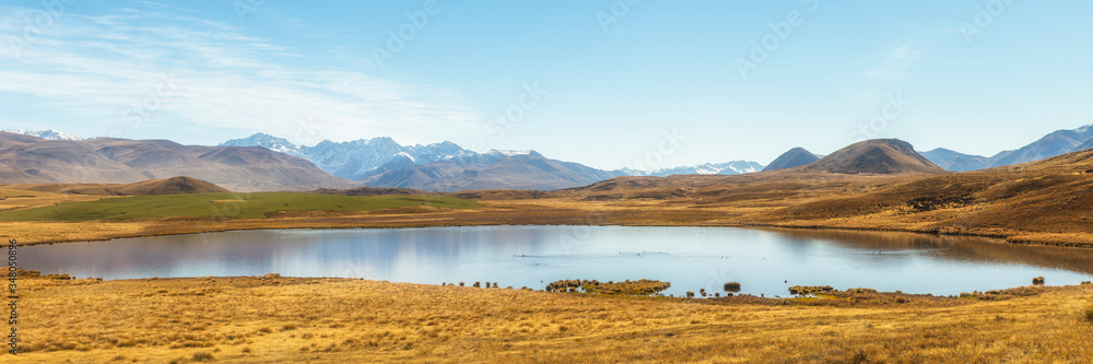 Beautiful mountain landscape. Lake and mountains panorama. New Zealand landscape.