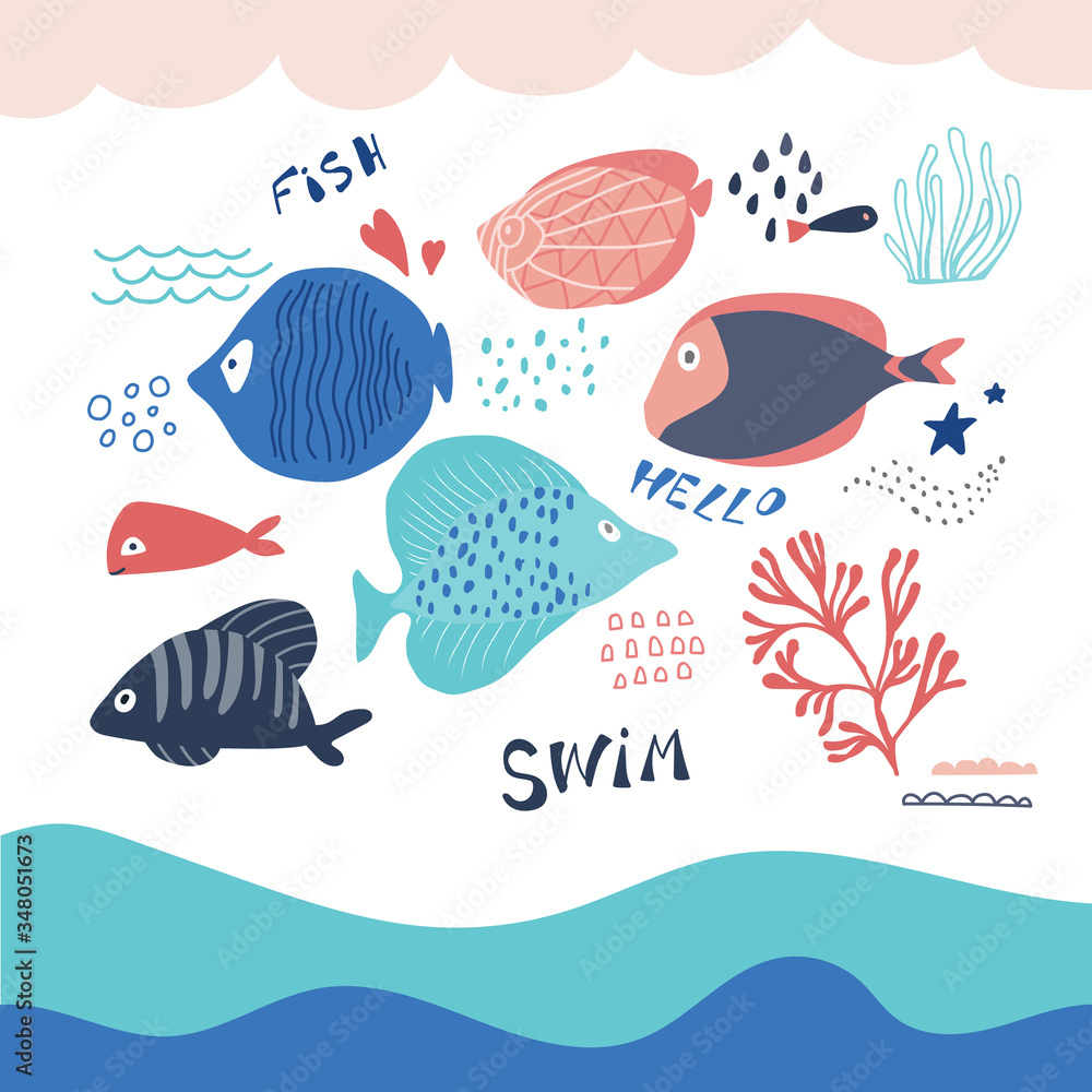 Fish icons set with tropical sea elements in cartoon style. Vector illustration Fish icons set with tropical sea elements in cartoon style. Vector illustration