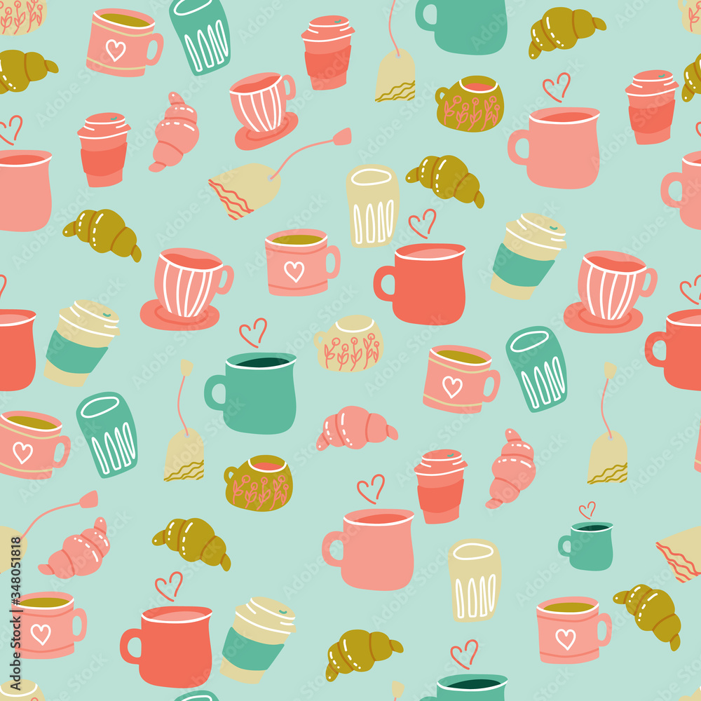 Seamless pattern with ceramic mugs coffee cups in flat cartoon style. Vector illustration