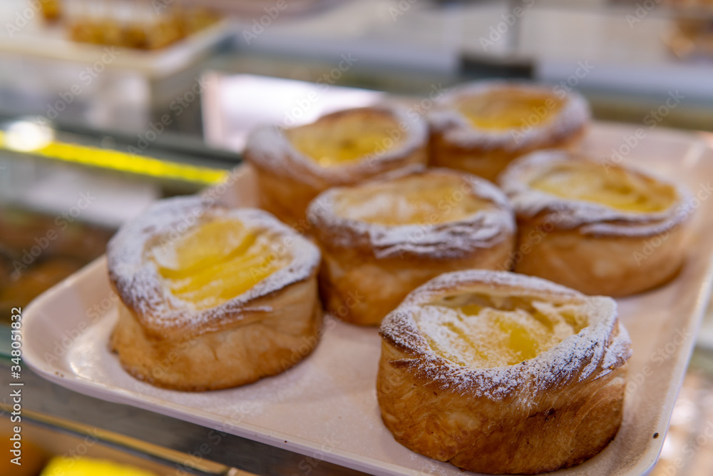 Baked donut with yellow custard in the center