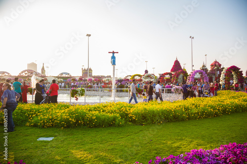 Crowd of residents and tourists visited Dubai Miracle Garden on a holiday