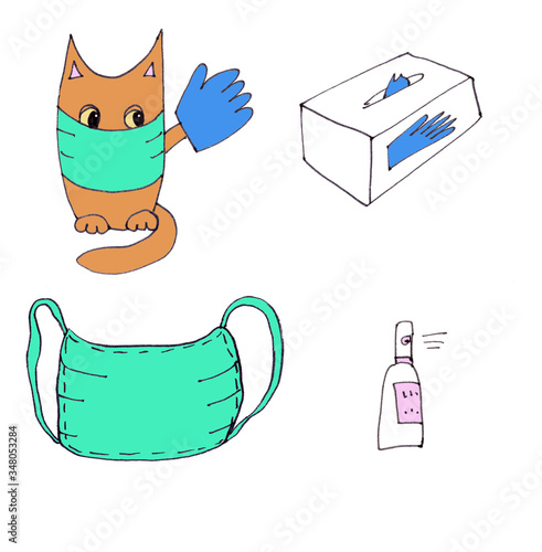 colir drawing cat in mask and gloves advertises anti-epidemic means - gloves, mask, sanitizer photo