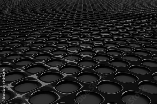 black perforated metal speaker grill black steel metal grid background texture circle hole 3d rendering, 3d illustration