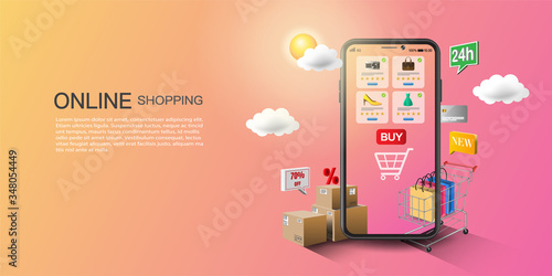 Online shopping on application and website concept, digital marketing online, shopping cart with new items on smartphone screen.