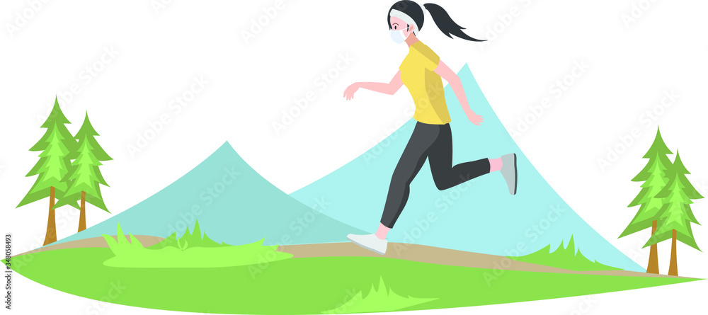 A woman running alone outside while using medical mask