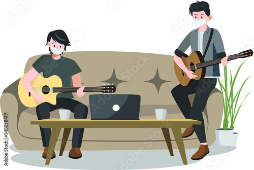 2 mans are playing guitar together at home