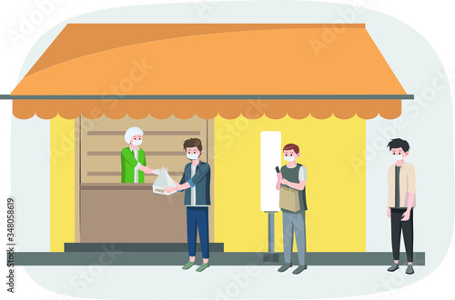 peoples are keep their distance while lining on food order