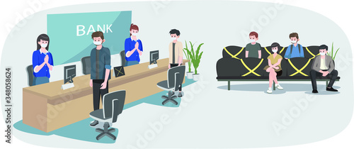 Peoples are keep their distance while queueing at the bank