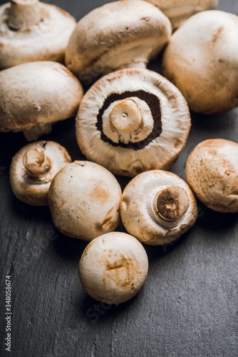 Freshly harvested mushrooms on the rustic wooden background. Selective focus. Shallow depth of field. 